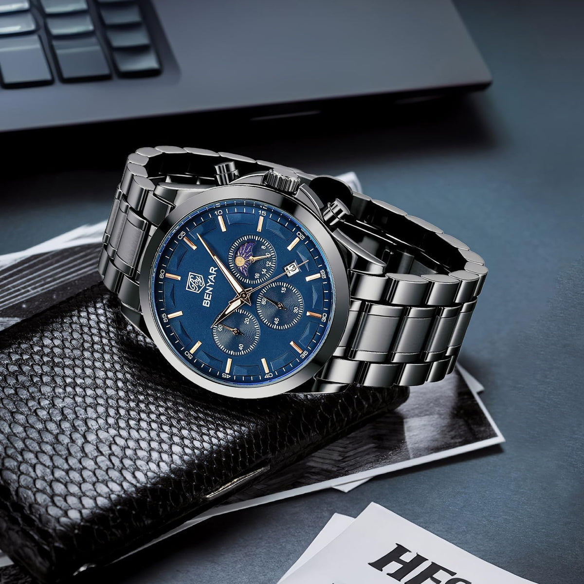 BENYAR Mens Watches Analog Quartz Chronograph Waterproof Wrist Watches for Men Fashion Business Work Casual Sport Designer Dress Watch with Calendar Elegant Gifts for Men