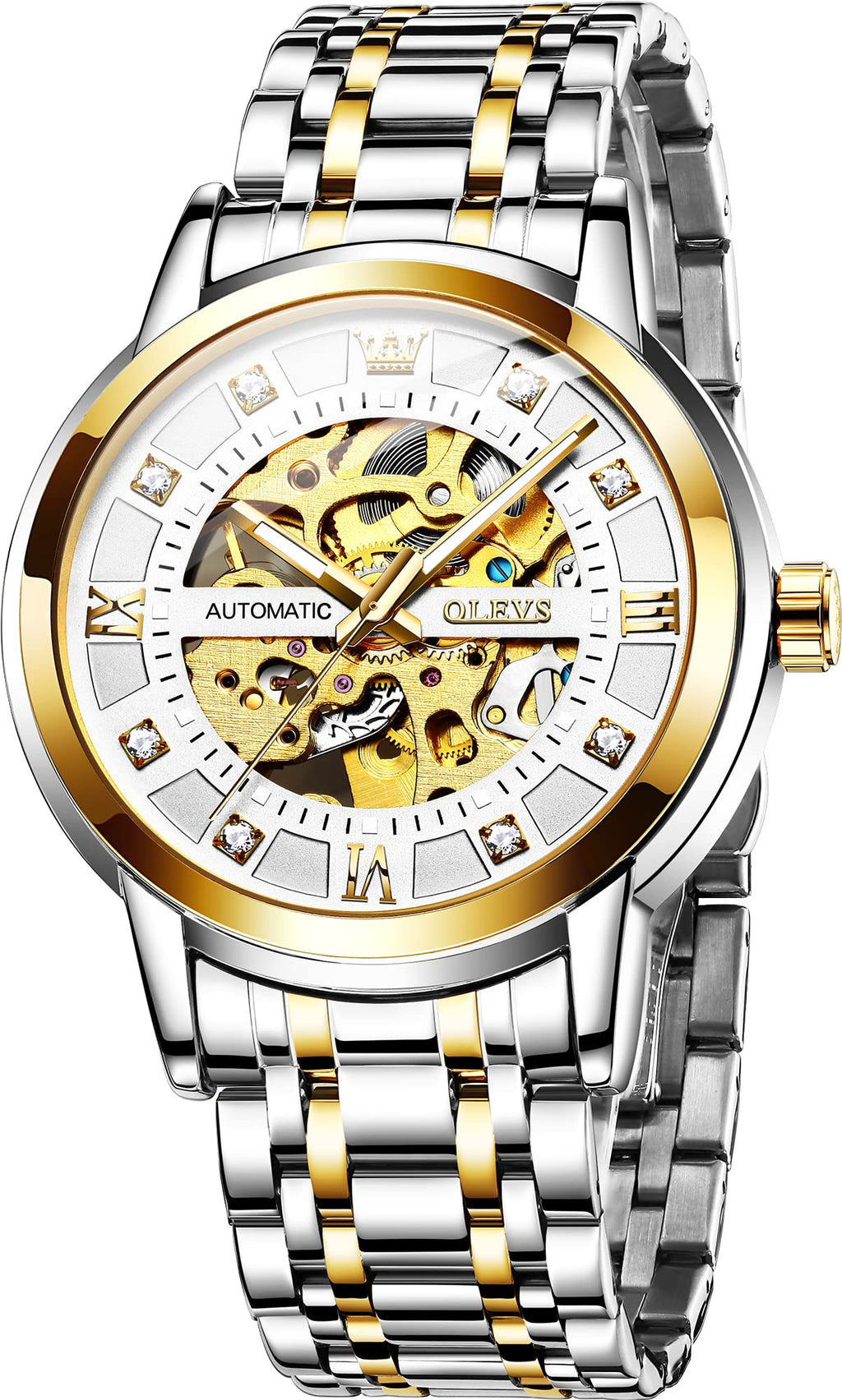 OLEVS Gold Skeleton Men's Automatic Mechanical Watches self Winding Luxury Dress Shiny Diamond Stainess Steel Waterproof Luminous Wrist Watches