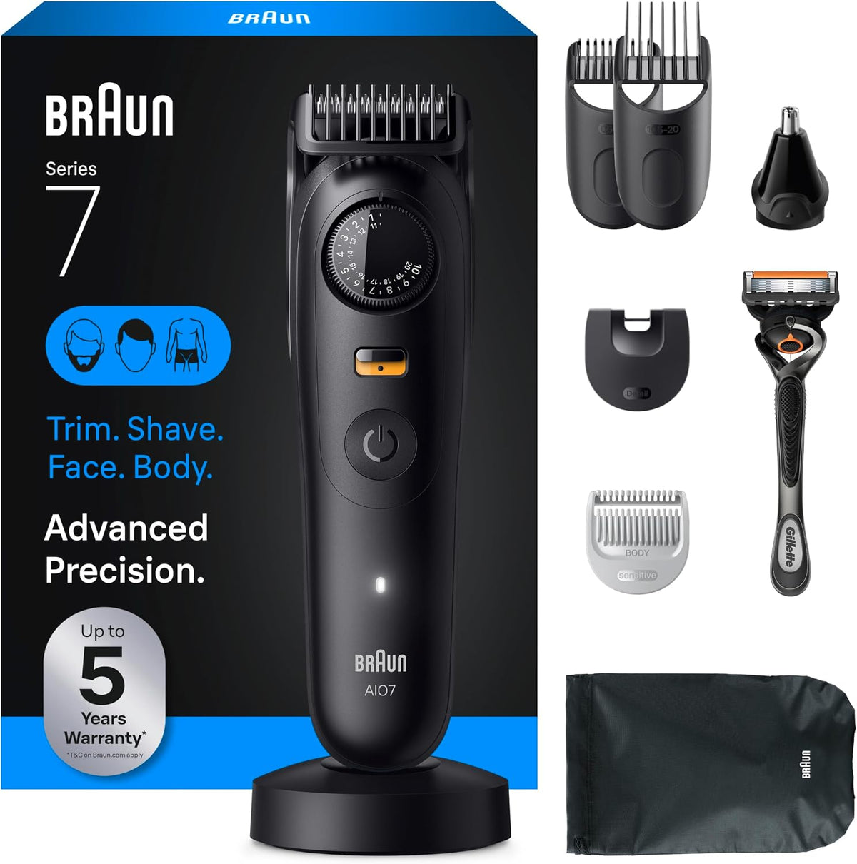 Braun All-in-One Series 7 Men's Electric Beard Trimmer, Hair Clipper, Shaver & Razor for Face, Hair & Body, All-in-One AIO 7535 with Gillette ProGlide Razor, Cordless