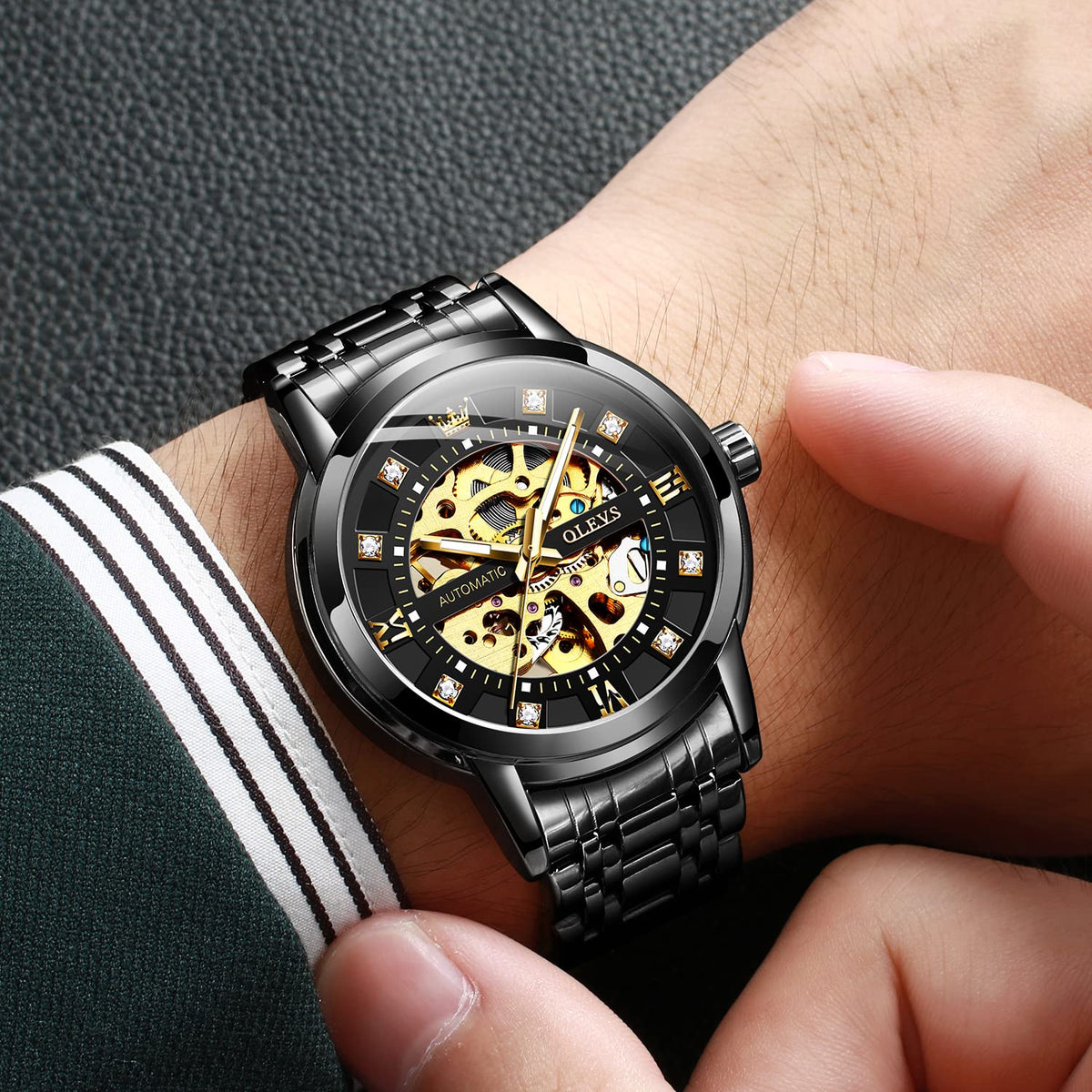 OLEVS Gold Skeleton Men's Automatic Mechanical Watches self Winding Luxury Dress Shiny Diamond Stainess Steel Waterproof Luminous Wrist Watches