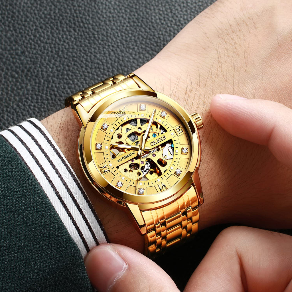 OLEVS Gold Skeleton Men's Automatic Mechanical Watches self Winding Luxury Dress Shiny Diamond Stainess Steel Waterproof Luminous Wrist Watches