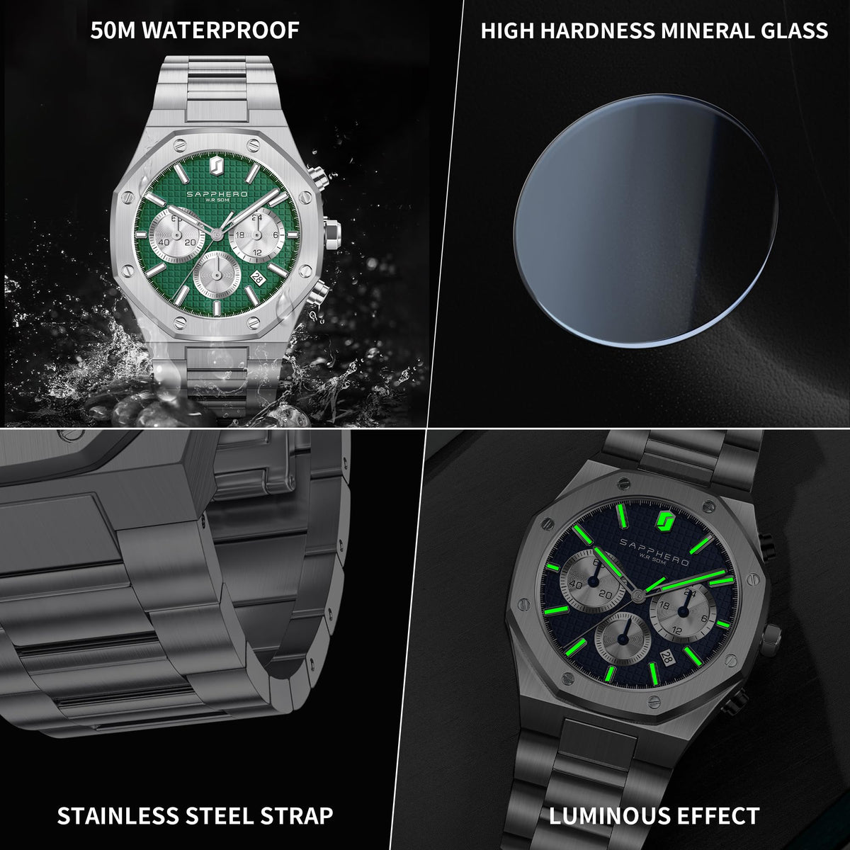 SAPPHERO Watches for Men Waterproof Men's Watch Stainless Steel Octagonal Date Quartz Fashion Clock Business Wristwatch Gift for Men Multiple Colors