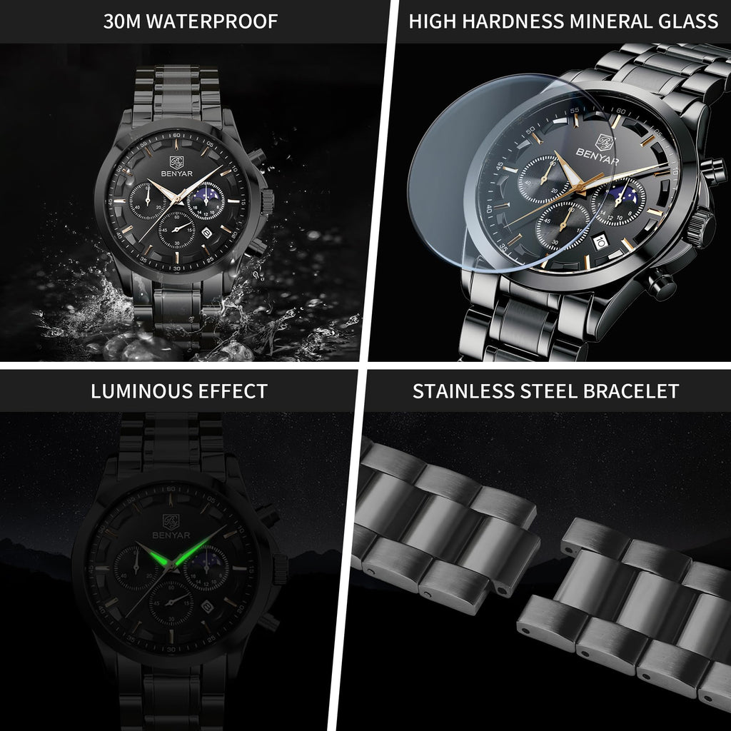 BENYAR Mens Watches Analog Quartz Chronograph Waterproof Wrist Watches for Men Fashion Business Work Casual Sport Designer Dress Watch with Calendar Elegant Gifts for Men