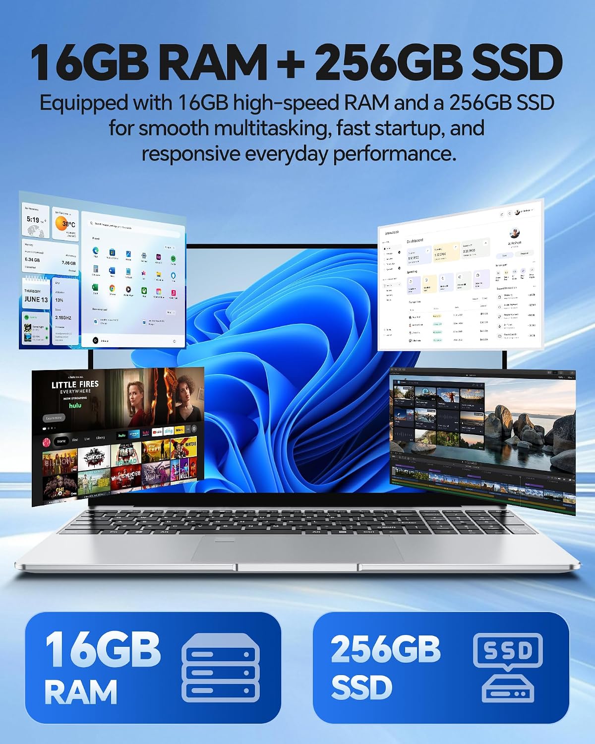15.6" Laptop, Windows 11 Pro Computer, Pentium 2.10 GHz BaseSpeed, 16GB RAM