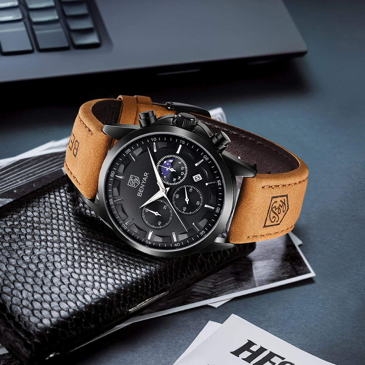 BENYAR Mens Watches Analog Quartz Chronograph Waterproof Wrist Watches for Men Fashion Business Work Casual Sport Designer Dress Watch with Calendar Elegant Gifts for Men