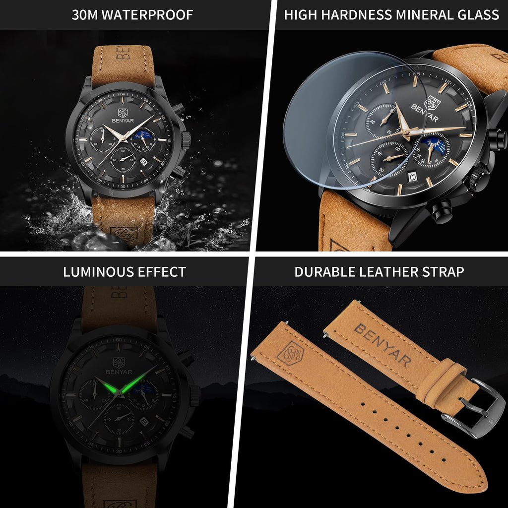BENYAR Mens Watches Analog Quartz Chronograph Waterproof Wrist Watches for Men Fashion Business Work Casual Sport Designer Dress Watch with Calendar Elegant Gifts for Men