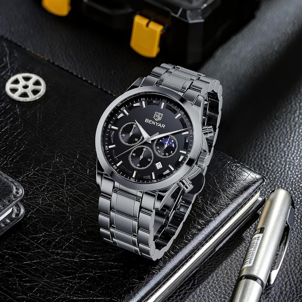 BENYAR Mens Watches Analog Quartz Chronograph Waterproof Wrist Watches for Men Fashion Business Work Casual Sport Designer Dress Watch with Calendar Elegant Gifts for Men